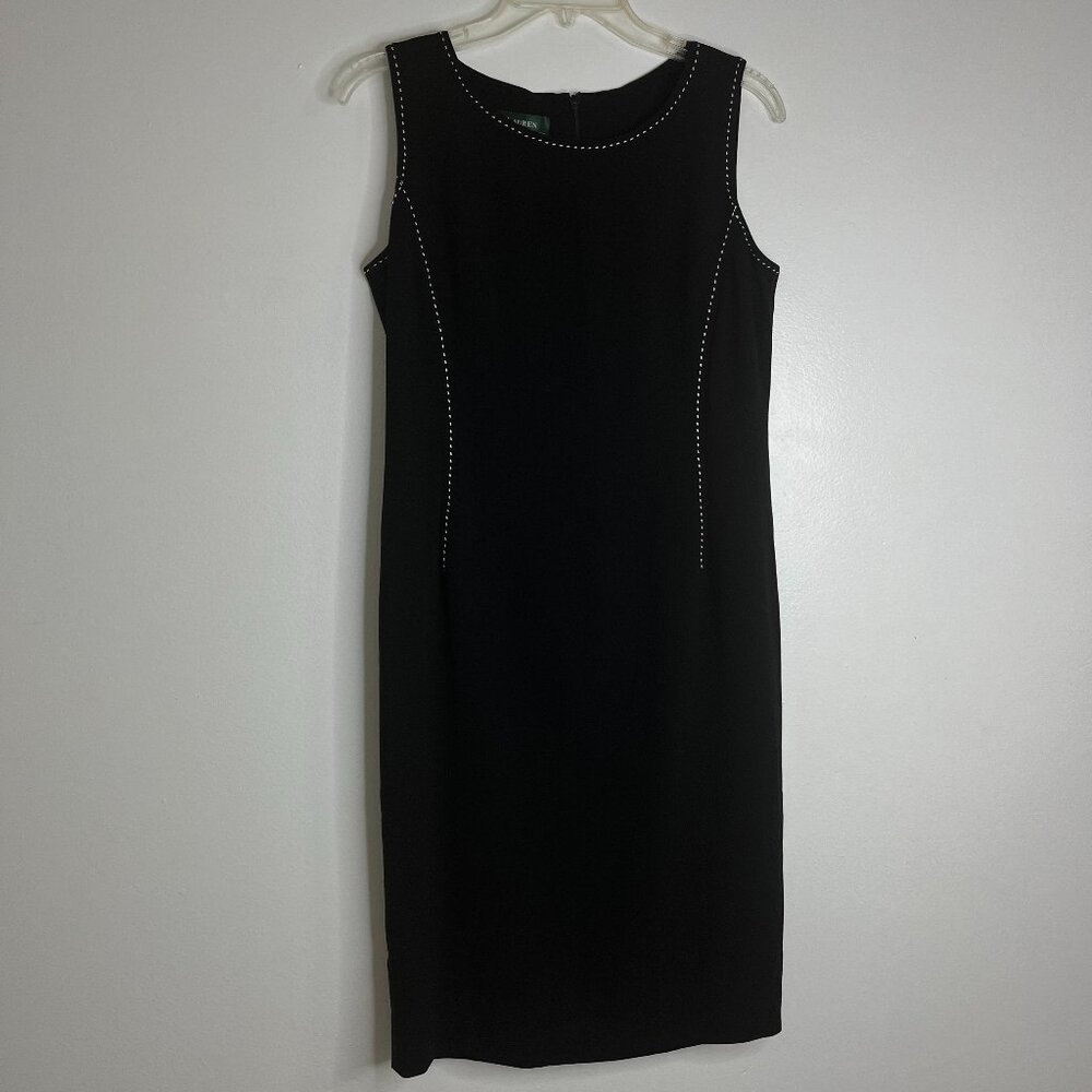 Lauren Ralph Lauren Black Knee Length Pencil Dress White Stitching Zip Back Sz 8